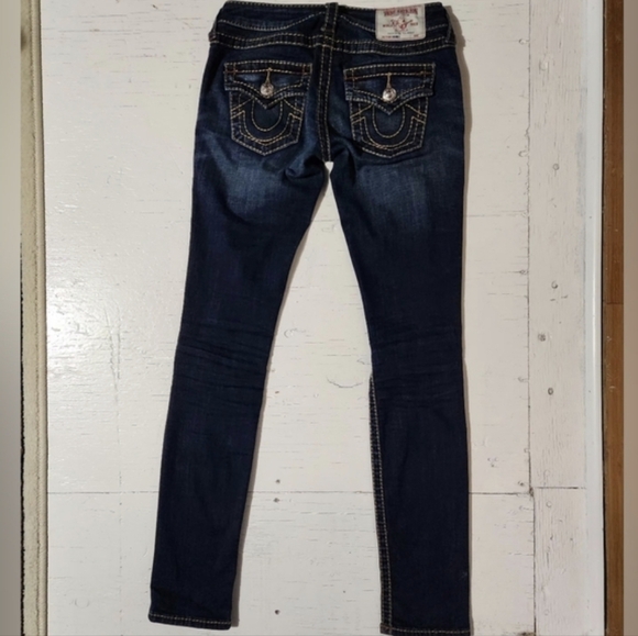 Y2K True Religion Skinny Jeans Low Rise Dark Wash Rips Distressed Pocket Flaps - Picture 4 of 11
